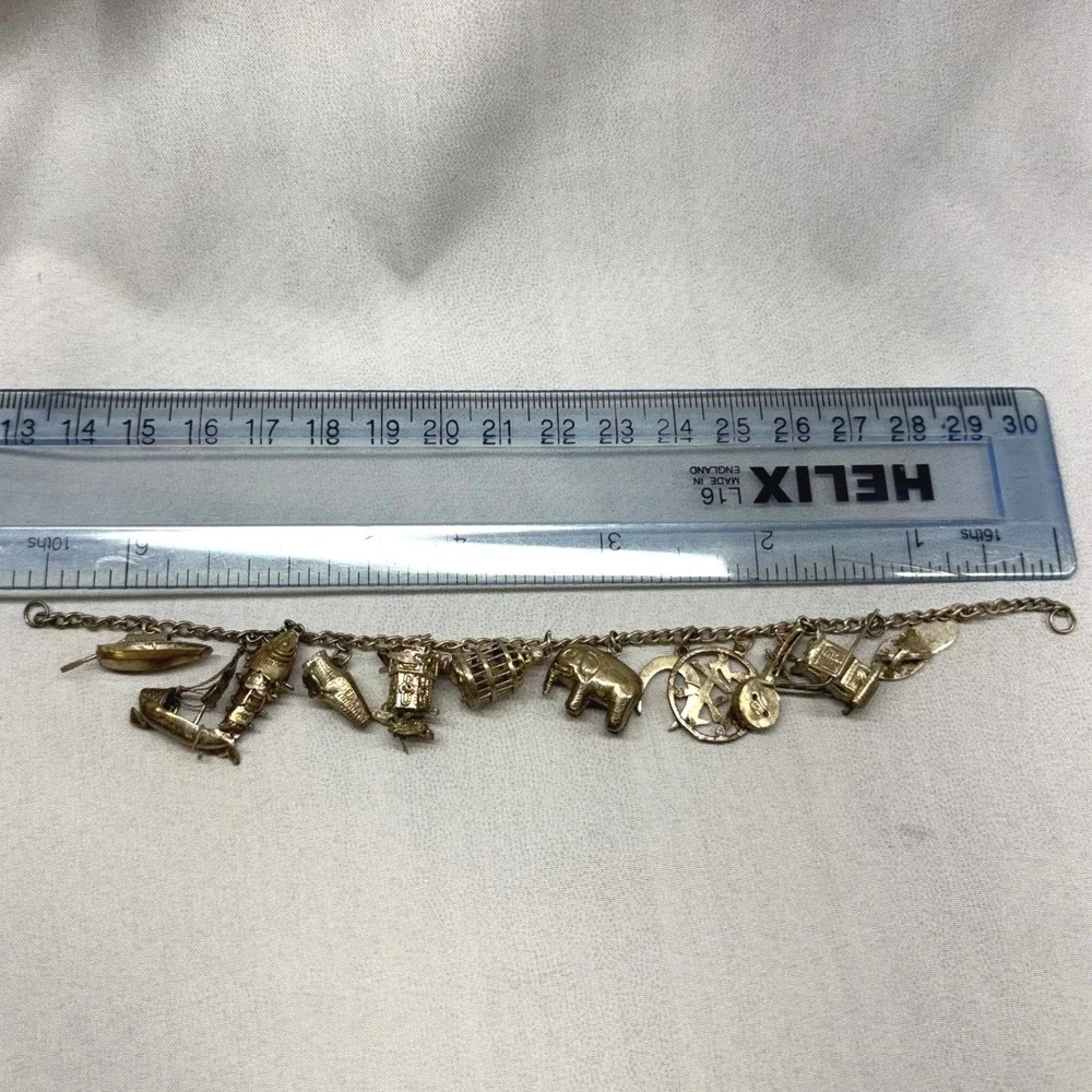 Vintage Chinese Export Silver 12 Charm Bracelet OS Silver Fair Articulated Fish
